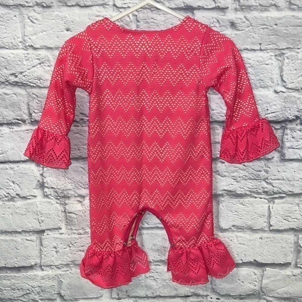 cachcach 3M pink lace overlay ruffle snap legs. bird & flowers appliqué romper - Picture 8 of 9
